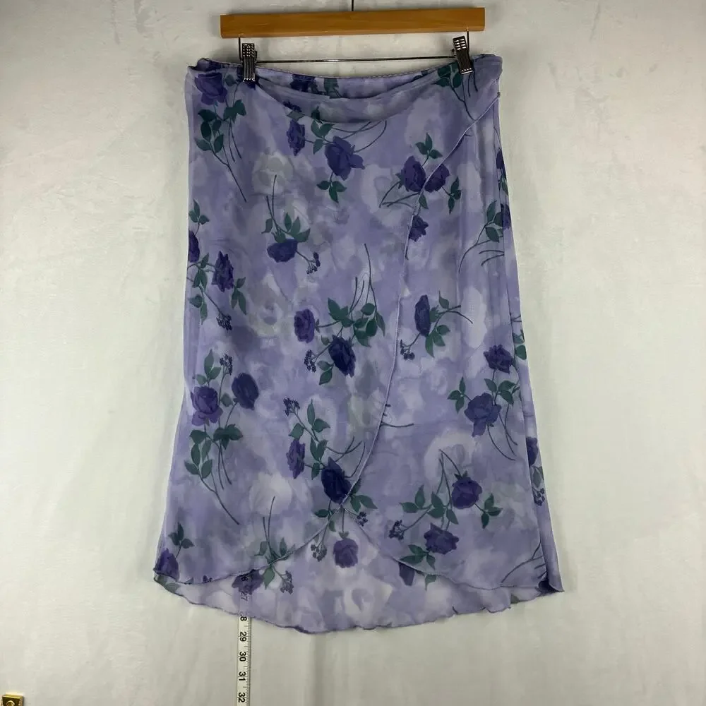 Vintage 2 Piece Cowl Flutter Blouse Midi Skirt Womens Large Purple Rose Romantic